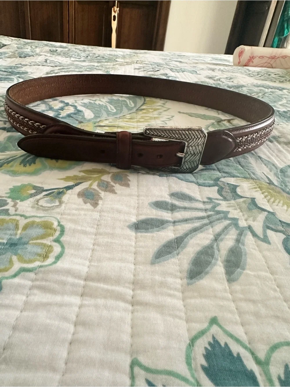 Brighton Brown Braided Leather Belt with Engraved Silver Buckle